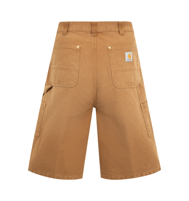 Image 2 of 3 - BROWN - CARHARTT WIP OG Single Knee Denim Shorts featuring non-stretch organic cotton denim shorts, belt loops, five-pocket styling, zip fly, patch pocket and hammer loop at outseam, logo patch at back pocket and logo-engraved gold-tone hardware. 100% cotton.