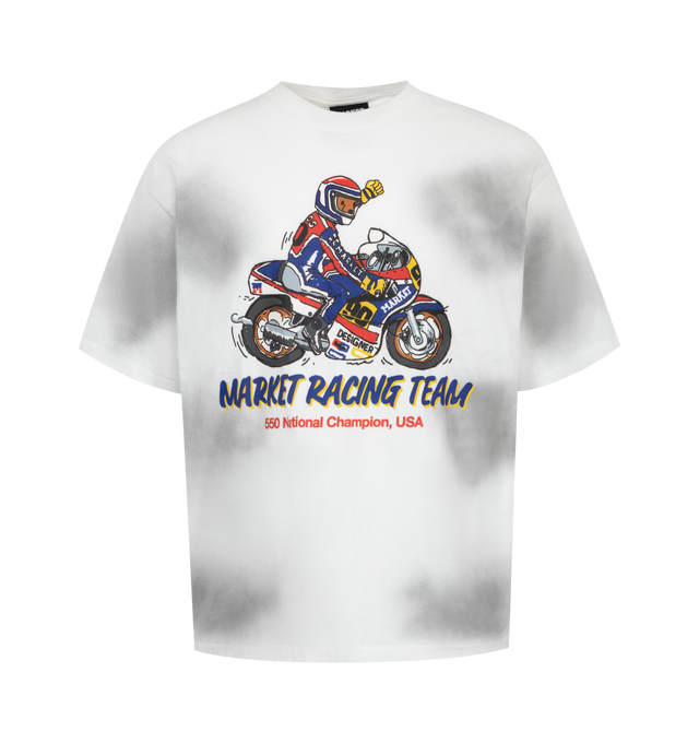 Image 1 of 2 - WHITE - Market Men's Bear on a Bike T-Shirt is crafted from premium cotton and features a classic crew neckline, short sleeves, and signature Bear on a Bike graphic artwork for a playful, streetwear-inspired look. This designer graphic T-shirt combines exceptional everyday comfort with Market's bold contemporary aesthetic, creating an effortless statement piece for casual styling. Main Material: 100% Cotton.