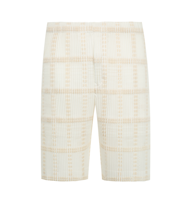 Image 1 of 3 - WHITE - Issey Miyake Men's Lace Grid Pleats Pants are crafted from a lightweight polyester and cotton blend and feature the house's signature pleated construction with a distinctive grid-inspired texture. Designed with an elasticated drawstring waistband for an adjustable fit, these designer pants are finished with a button-fly front and functional side pockets, combining innovative textile design with everyday comfort. Main Material: 75% Polyester, 25% Cotton. Waist: Elasticated with Drawstr