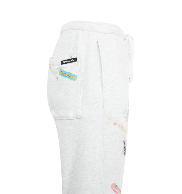 Image 3 of 3 - GREY - NAHMIAS Bandaid Wide Sweatpants featuring elastic waist with drawstring, bungee cord at hem, loose fit, two side slit pockets, one back patch pocket and branded bandaid motif throughout. 100% cotton.