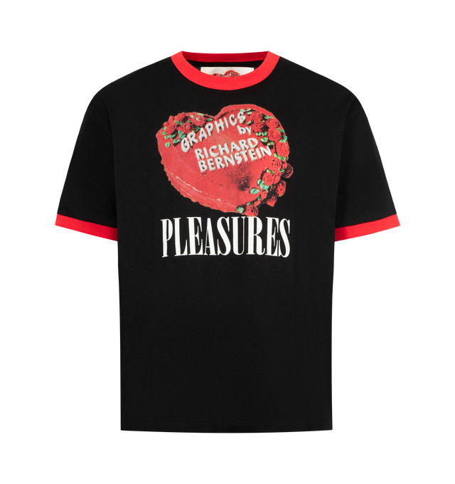 Image 1 of 2 - BLACK - PLEASURES Cake Graphic Ringer T-Shirt featuring crewneck, short sleeves, contrast trim and graphic on front. 100% cotton.