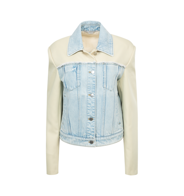 Image 1 of 2 - BLUE - STELLA MCCARTNEY Two-Tone Panelled Denim Jacket featuring logo patch to the rear, pointed flat collar, front button fastening, long sleeves, two chest patch pockets, two side welt pockets and straight hem. 100% cotton. 100% polyester. 