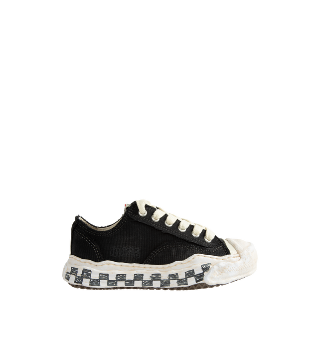 Image 1 of 5 - BLACK - Maison Mihara Yasuhiro Hank OG Graffiti Check Sole Canvas Low-Top Sneakers are crafted from canvas and feature the brand's signature sculpted OG sole, originally molded from clay by the designer, with a hand-drawn graffiti-inspired check pattern across the sole. Designed with a low-top silhouette and lace-up construction, the HANK model pairs a classic canvas upper with the label's distinctive artistic approach to footwear. Main Material: Upper: 100% Cotton Canvas. Sole: Rubber.