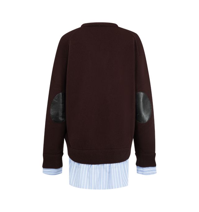 Image 2 of 2 - BROWN - Acne Studios Women's Layered Wool Sweater is crafted from wool and features a distinctive 3D V-neckline with layered shirting details at the cuffs and hem. Cut to a regular fit with a below-waist length, the sweater is finished with tonal leather elbow patches and embroidered Acne Studios initials above the hem, blending classic tailoring influences with the brand's contemporary aesthetic. Main Material: 100% Wool. Contrast: 100% Cotton. Fit: Regular Fit. Length: Below-Waist. Neckline