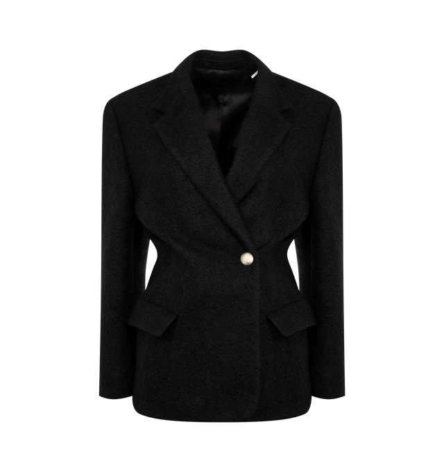 Image 1 of 2 - BLACK - ISABEL MARANT Gallie Coat featuring short coat, brushed wool blend, lapel, long sleeves with buttoned cuffs and hammered metal buttons, buttoned crossover front, raglan chest pocket, inside pocket, two flap pockets, fitted and adjustable. 34% cotton, 16% polyester, 14% alpaca, 14% mohair, 12% wool, 10% polyamide.