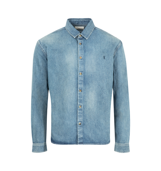 Image 1 of 2 - BLUE - SAINT LAURENT Cassandre Shirt featuring relaxed fit, pointed collar, front buttons and logo enbroidered on chest. 100% cotton. Made in Japan.
