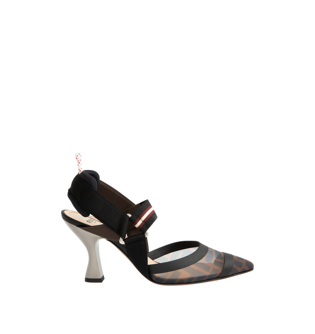 Image 1 of 4 - BLACK - FENDI Colibr Slingbacks featuring pointed toe, elastic straps around the foot, the sole is finished with rubber inserts, technical mesh and tulle with tone-on-tone heat-sealing, FF logo print creates levels of transparency on the toe and metallic-effect heel. 85mm. 100% polyamide. Made in Italy.