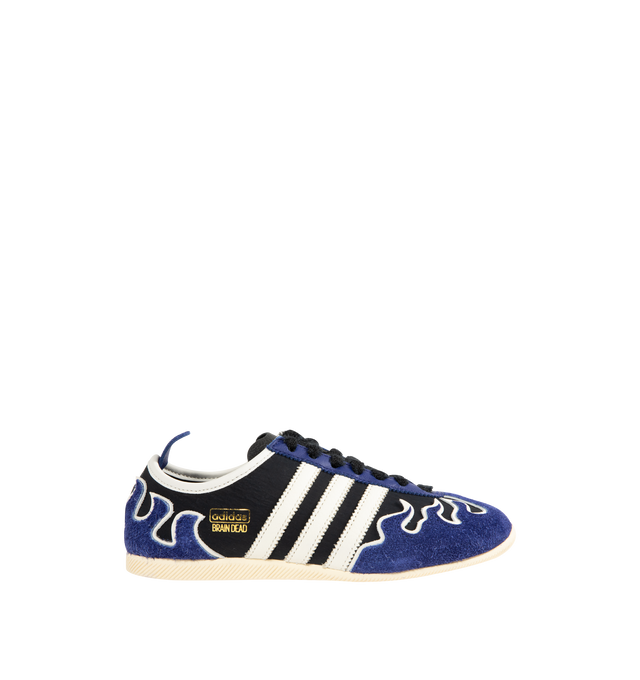 Image 1 of 5 - BLUE - ADIDAS x Brain Dead Japan Lo Sneaker featuring ultra-slim flat sole, hairy suede flame design, textured laces, contrast 3-Stripes, gold embossed co-branded detail and leather upper.