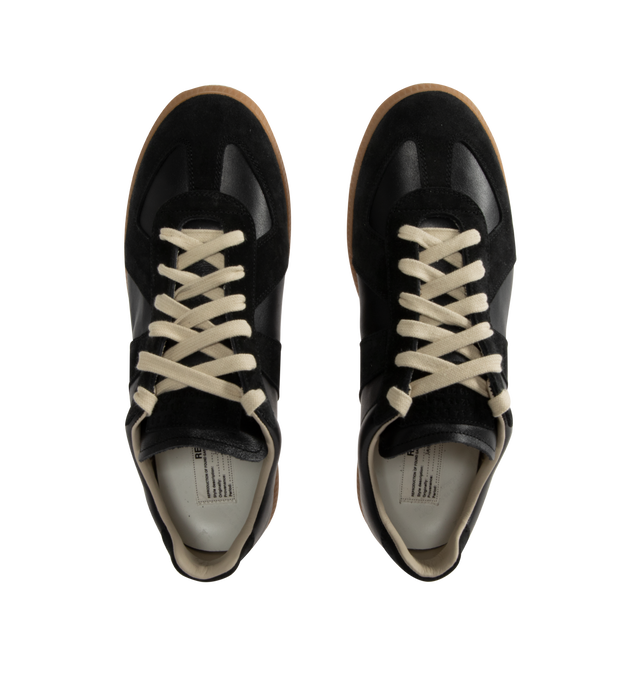 Image 5 of 5 - BLACK - Maison Margiela Replica Sneakers featuring lace-up sneakers in buffed nappa calfskin and calfskin suede, contrasting sole, Maison Margiela logo label on the tab, internal Replica label, internal elastic and all-over Maison Margiela logo insole. 100% calf leather. Sole: 100% rubber. Made in Italy.