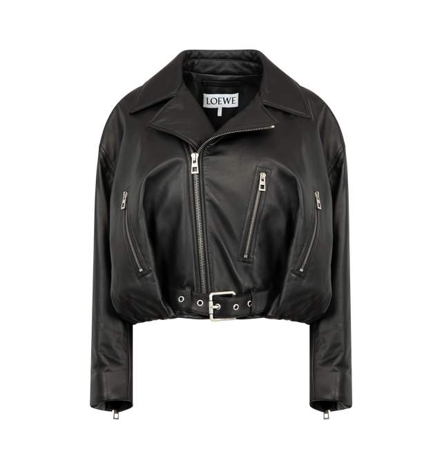 Image 1 of 3 - BLACK - LOEWE Biker Jacket in lightweight nappa lambskin featuring a balloon silhouette with a padded construction, regular fit, short length, zipped front fastening, cuffs and pockets, buckle belt at the hem, fully lined and anagram embossed leather patch placed at the back. Nappa. Made in Italy. This item may be restricted for online purchase to international clients. For assistance purchasing this item please contact our dedicated stylist team at personalshopping@hirshleifers.com.