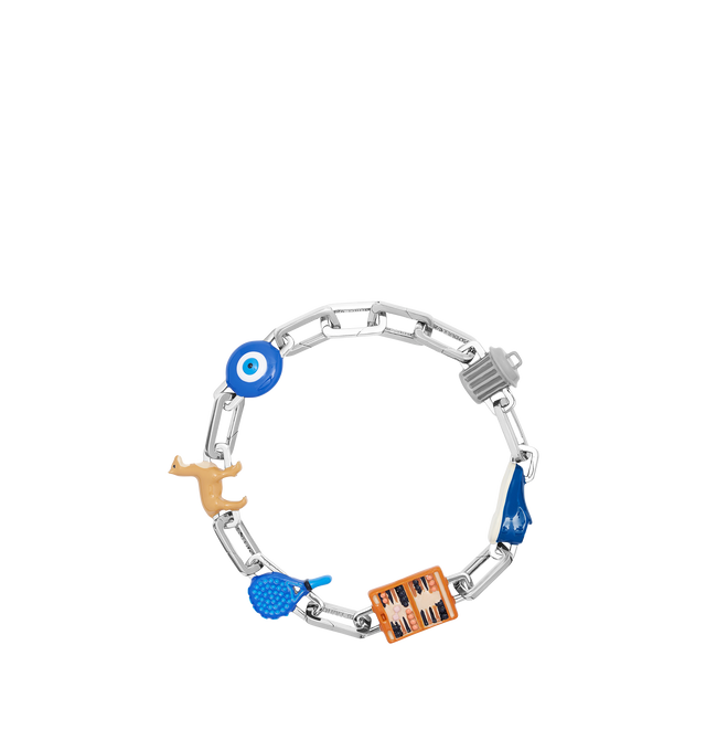 Image 1 of 10 - MULTI - Poubel by The Gstaad Guy Constance completed bracelet set. An ode to the quintessential European Gentleman, the Constance Completed Set includes: 1x Poubelle Charm (also known as The Bin or The Trash Can), 1x Shoe Charm, 1x Backgammon Charm, 1x Padel Charm, 1x Vicua Charm, 1x Evil Eye Charm, 9x interchangeable sterling silver links. Poubel links are made with recycled, rhodium plated, sterling silver, comprised of 92.5% pure silver and 7.5% other metals. The addition of other metals