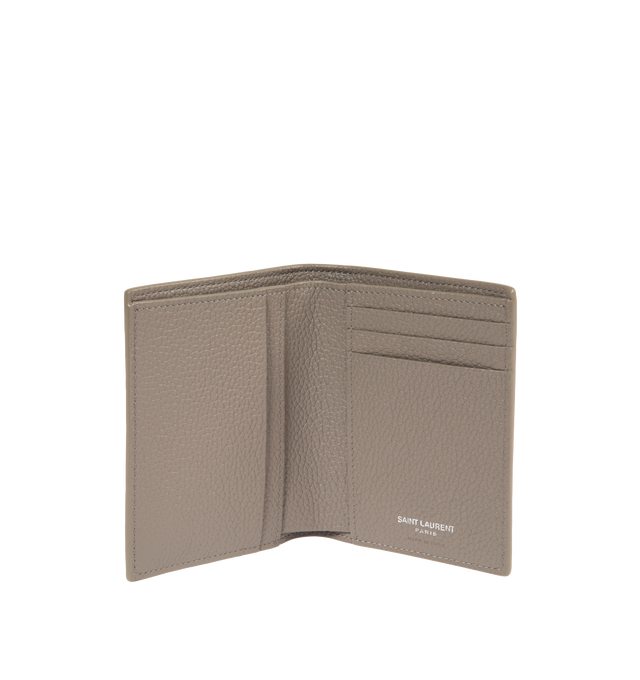 Image 3 of 3 - GREY - SAINT LAURENT Tiny Cassandre Credit Card Wallet featuring single fold wallet with small YSL initials, four credit card slots, two reciept compartments and one bill compartment. 3.5 X 4.5 X 0.8 inches. 95% calfskin, 5% metal. Made in Italy. 