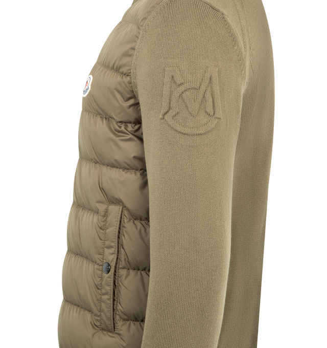 Image 3 of 3 - GREEN - MONCLER Padded Cardigan featuring lightweight micro chic lining, down-filled, stocking stitch, Gauge 7, zipper closure, vertical welt pockets with snap button closure and embossed embroidery. 100% polyester. 100% cotton. Padding: 90% down, 10% feather.