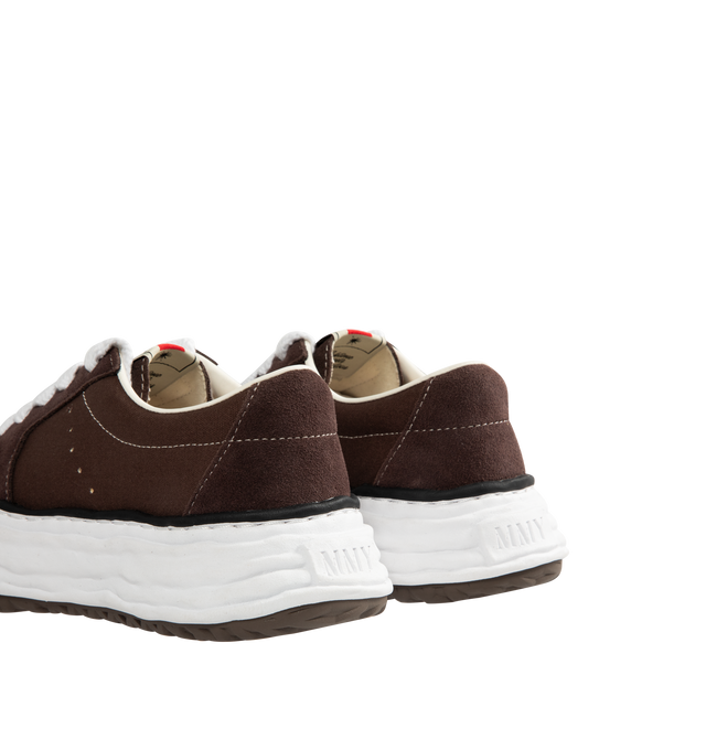 Image 3 of 5 - BROWN - Maison Mihara Yasuhiro Men's Eric Sneakers feature the brand's signature hand-sculpted OG sole, a mixed-material suede and canvas upper, and distinctive toe stitching for a bold contemporary look. Designed for the Spring/Summer 2026 collection, these designer low-top sneakers combine Maison Mihara Yasuhiro's experimental aesthetic with everyday comfort, while the handcrafted-inspired sole and intentional vintage detailing create a truly distinctive silhouette. Main Material: Cow Leath