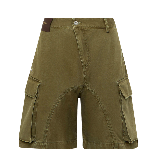 Image 1 of 2 - GREEN - JW ANDERSON Twisted Patch Pocket Shorts featuring twisted patch pocket shorts, utilitarian detailing and logo embossed leather patch. 100% cotton. Made in Japan.