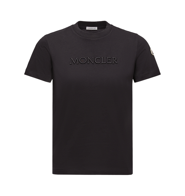 Image 1 of 1 - BLACK - MONCLER Embroidered Tonal Logo Cotton T-Shirt featuring cotton jersey, crew neck, short sleeves and embroidered logo. 100% cotton.