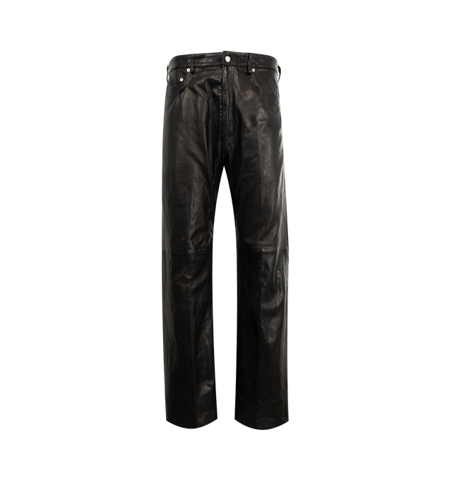 Image 1 of 3 - BLACK - RICK OWENS Geth Jeans featuring wide-leg, coated stretch denim, low-rise, belt loops, five-pocket styling, button-fly, creased legs and extended cuffs. 91% cotton, 6% elastomultiester, 3% rubber. Lining: 100% cotton. Made in Italy.