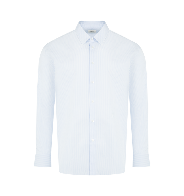Image 1 of 2 - BLUE - SAINT LAURENT Classic Fit Shirt featuring a pointed YVES collar, logo embroidery at the hip, certified cotton, front button closure, one-button mitered cuffs and curved hem. 100% cupro. Made in Italy.