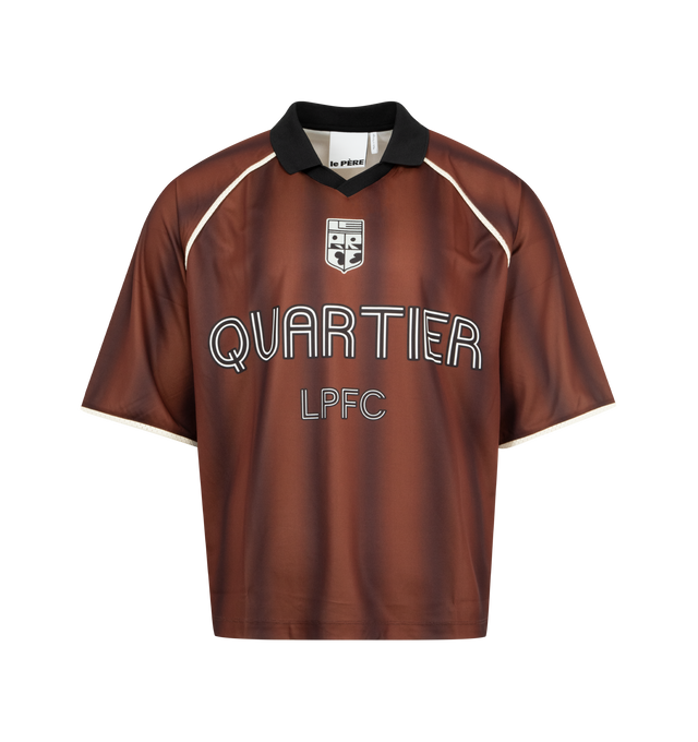 Image 1 of 2 - BROWN - LE PERE Heritage Kit LPFC Football Jersey featuring premium Spanish jersey fabric, stripes rendered with a slight digital distortion, a custom le PRE club crest on chest, number 90 emblazoned on the back, short sleeves and collar. 100% PES. Made in Portugal.