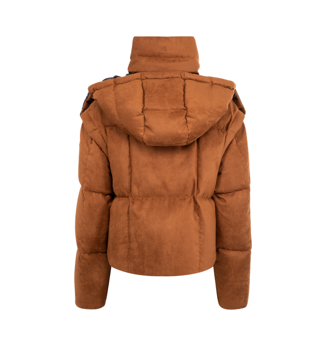 Image 2 of 4 - BROWN - MONCLER Paterne 2-in-1 Hooded Short Down Jacket featuring polyester lining, down-filled, detachable and adjustable hood, detachable sleeves, zipper closure and zipped pockets. 98% polyester, 2% elastane/spandex. Padding: 90% down, 10% feather.