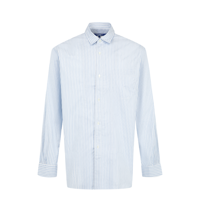 Image 1 of 2 - BLUE - Junya Watanabe Man Men's Patchwork Striped Shirt is crafted from cotton and features a vertical stripe pattern, patchwork detailing, a corduroy yoke, and tartan-check elbow patches. Designed with a classic collar, long sleeves, buttoned cuffs, a chest patch pocket, and a curved hem, this reworked shirting style combines contrasting textures and patterns with a timeless silhouette. Main Material: 100% Cotton. Imported.