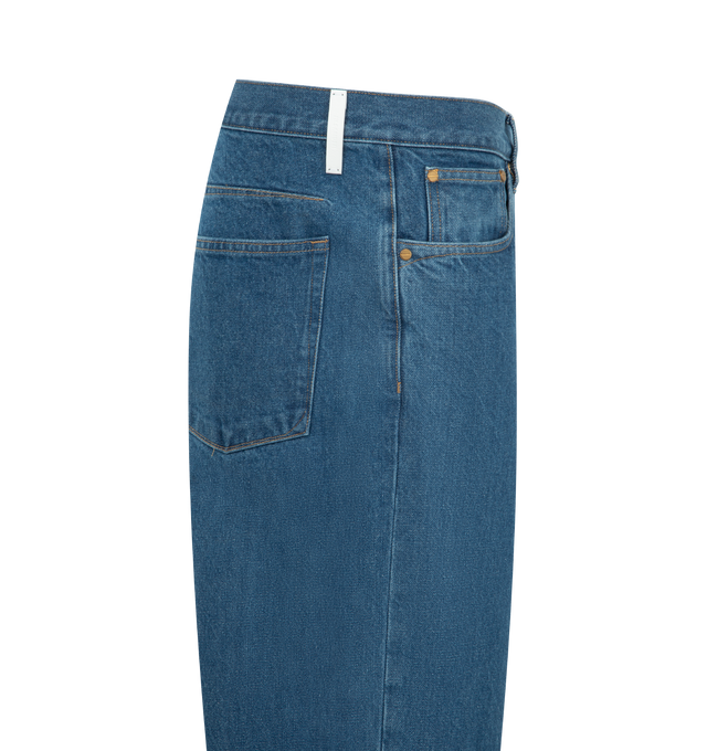 Image 3 of 3 - BLUE - JIL SANDER Denim Trousers 4 Treated featuring regular fit and tapered leg, zip fly and button closure, five pockets, back leather patch with embossed Jil Sander logo and cotton pocket lining. 100% cotton. Made in Italy.