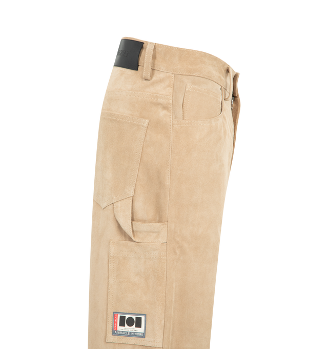 Image 5 of 5 - BROWN - NAHMIAS Suede Baggy Carpenter Pant featuring button zip closure, belt loops at waist, 5 pocket style with carpenter pocket at outseam and hammer loop. 100% leather.