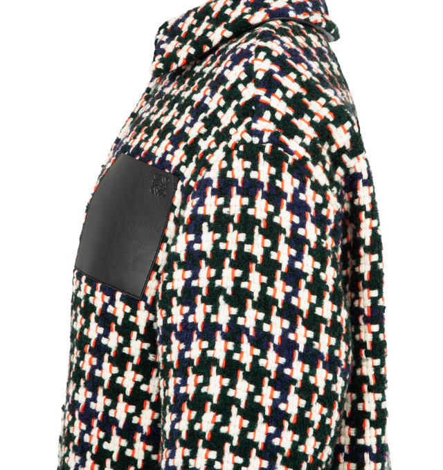Image 3 of 3 - MULTI - LOEWE Overshirt in medium-weight wool tweed featuring an houndstooth pattern, an inside padded construction, relaxed fit, long length, classic collar, button front fastening, buttoned cuffs and anagram embossed leather patch pocket placed on the chest. Wool/polyester. Made in Italy.