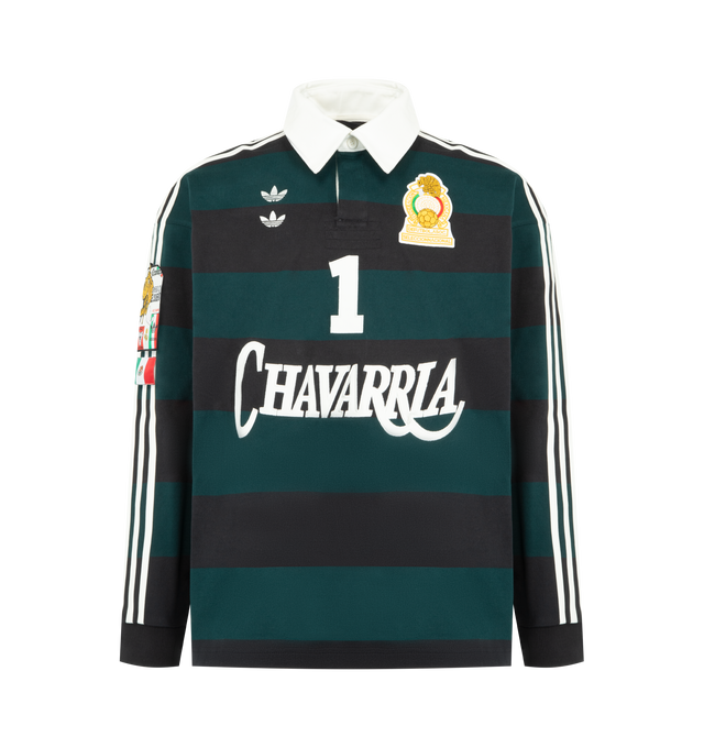 Image 1 of 3 - GREEN - The newest release from adidas Originals by Willy Chavarria. Adidas Mens Knit Rugby Shirt features a knit construction. Designed with applied 3-Stripes along the shoulders and sleeves, ribbed sleeve cuffs, twill stand collar with button closure, applique and embroidered graphics on the front and back, chest and sleeve patches, and official Mexican Football Federation detailing. Material: Cotton Blend. Made in Indonesia.