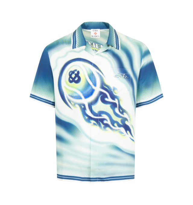 Image 1 of 2 - BLUE - CASABLANCA Flaming Tennis Ball Shirt featuring printed design, cuban collar, single chest pocket, corozo button closure and printed branding. 100% silk. Made in Italy.