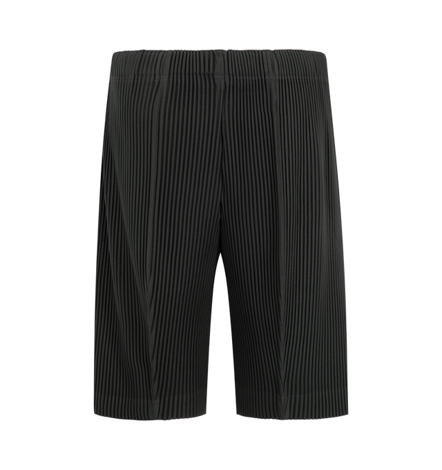 Image 2 of 3 - GREY - Issey Miyake Men's August Pleated Shorts feature signature pleated polyester jersey with quick-drying properties, side pockets, and an elasticated waistband with a button-fly closure. These designer shorts combine lightweight performance with the brand's iconic pleated construction for everyday comfort and modern style. Main Material: 100% Polyester.
