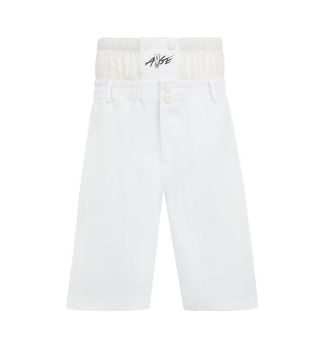 Image 1 of 3 - WHITE - Moncler x A$AP Rocky Logo Print Shorts featuring 3L 4-way stretch polyester, waistband with gaiter, snap button and zipper closure, pockets with snap button closure, logo print and logo patch. 78% polyester, 12% elastane/spandex, 10% polyamide/nylon. Padding: 100% polyester.