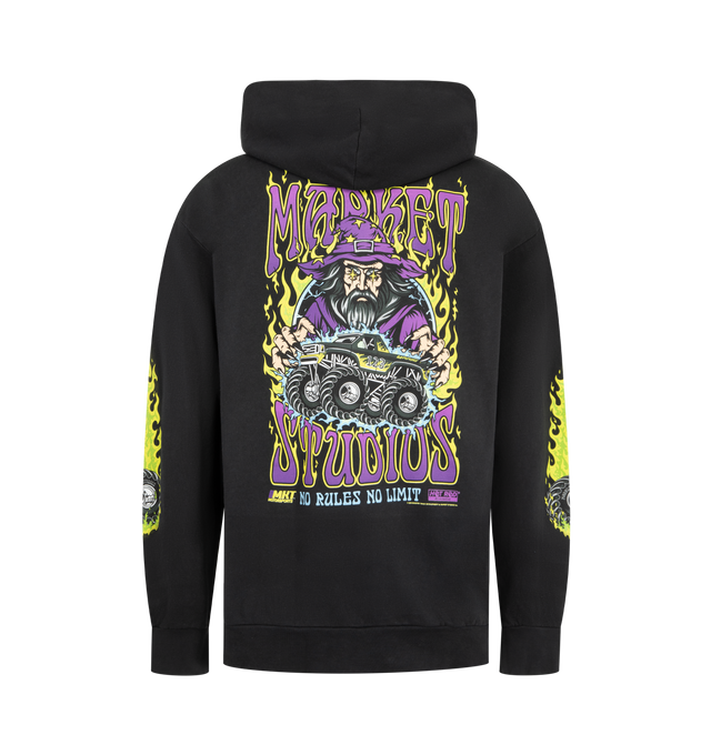 Image 2 of 3 - BLACK - MARKET No Rules No Limits Hoodie featuring pullover sweatshirt with fixed hood, graphic print on front, sleeves and back, pouch pocket, ribbed knit trims and regular fit. 80% cotton, 20% polyester.