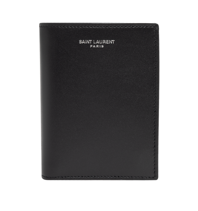 Image 1 of 3 - BLACK - SAINT LAURENT Credit Card Wallet featuirng single-fold wallet embossed with a Saint Laurent Paris signature, silver-toned metal hardware, four credit card slots, two receipt compartments and one bill compartment. 3.5 x 4.5 x 0.8 inches. Calfskin. Made in Italy.