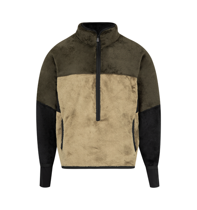Image 1 of 3 - BROWN - MONCLER GRENOBLE Polartec Sweatshirt featuring Polartec High Loft velvet fleece, padded turtleneck, waterproof half-zipper closure, pockets with elastic trim and stretch wrist gaiters. 97% polyester, 3% elastane/spandex. Lining: 100% polyamide/nylon. Padding: 100% polyester.