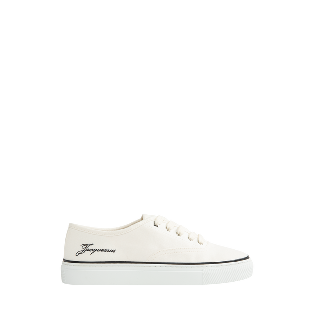Image 1 of 5 - WHITE - JACQUEMUS The Ff Skate Sneakers featuring canvas upper, round toe, flat cotton laces, embroidered signature and monogram logos, rubber sole and canvas insole and lining. 100% cotton. Made in Portugal.