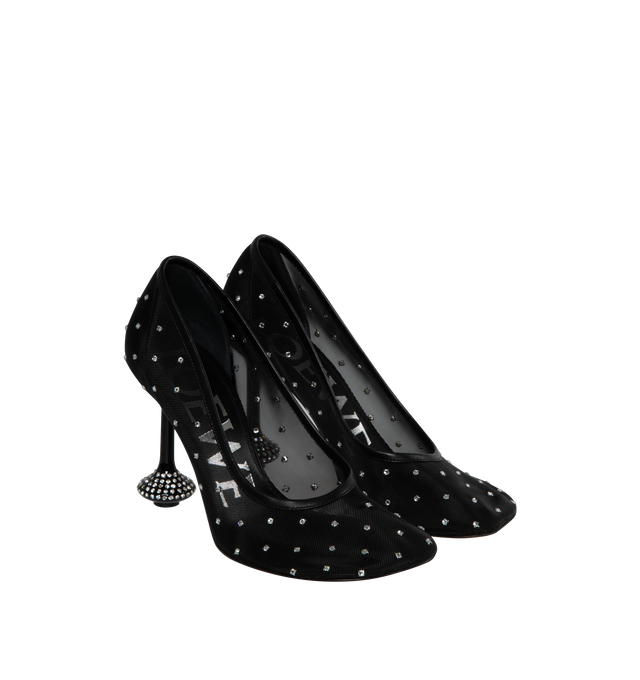 Image 2 of 4 - BLACK - LOEWE LOEWE TOY PUMP 90 has an unlined mesh, leather lining and outolse and is embellished with rhinestones. This pump features the signature petal toe shape and lacquered Toy heel. 