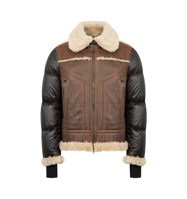 Image 1 of 3 - BROWN - MONCLER GRENOBLE Argens Leather & Shearling Short Down Jacket featuring nappa leather, polyester lining, shearling trim, down-filled, adjustable collar with buckle and snap button closure, corduroy back, zipper closure, zipped pockets and stretch jersey wrist gaiters. 98% cotton, 2% elastane/spandex. Lining: 100% polyester. Padding: 90% down, 10% feather. Made in Italy.