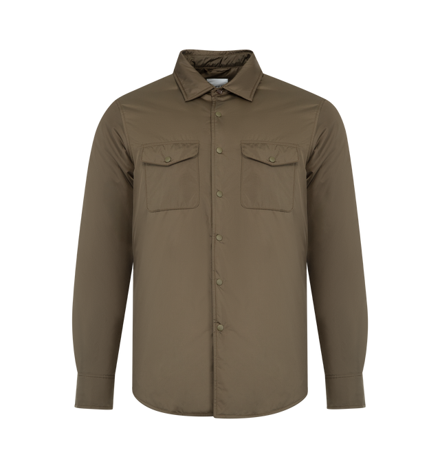 Image 1 of 3 - GREEN - ASPESI Camicia 13 Piu Shirt featuring long-sleeved shirt made of lightweight, soft nylon and lined in the same fabric, padded with compact Thermore wadding, a front button fastening, two chest patch pockets with flap and button, and two inserted side pockets. 100% nylon.