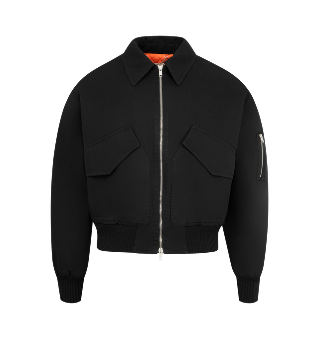 Image 1 of 4 - BLACK - SECOND LAYER Revival Flight Jacket featuring slightly cropped and boxy fit with a drop shoulder, quilted insulation, 410 gram densely woven 100% organic cotton, high resistant, water reapelant, and PFC free, two-way raccagni zipper, ribbed cuffs and hem, sleeve pocket and two Big front slanted pockets. Made in Italy.