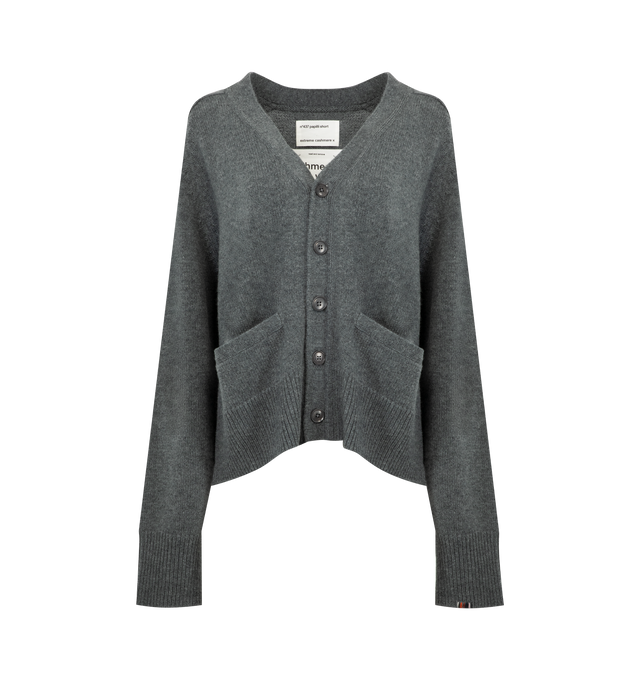 Image 1 of 2 - GREY - EXTREME CASHMERE Papilli Short Cardigan featuring two front pockets, rib-knit cuffs, hem, and neckline, v-neck, heavy-knit cashmere, cropped length and five corozo buttons. 100% cashmere.