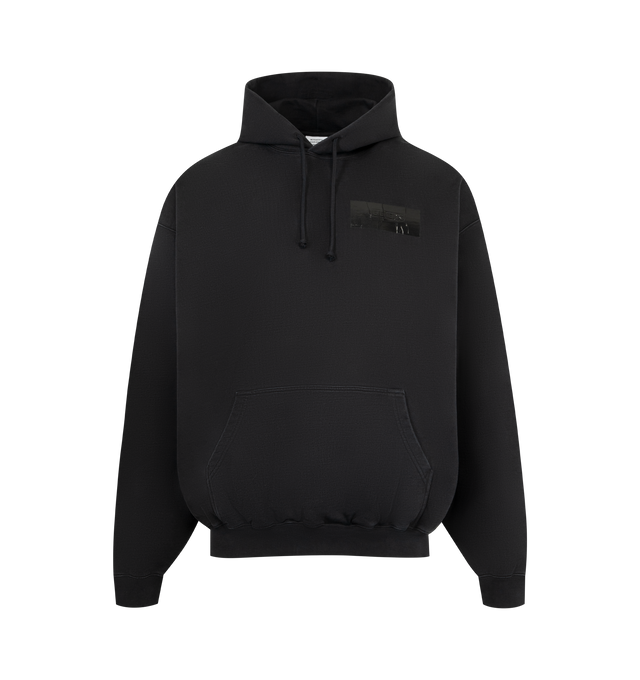 Image 1 of 2 - BLACK - VETEMENTS Taped Logo Hoodie featuring french terry hoodie, drawstring at hood, tape appliqu with logo at hood and chest, kangaroo pocket at front, rib-knit hem and cuffs and dropped shoulders. 80% cotton, 20% polyester. Made in Portugal.