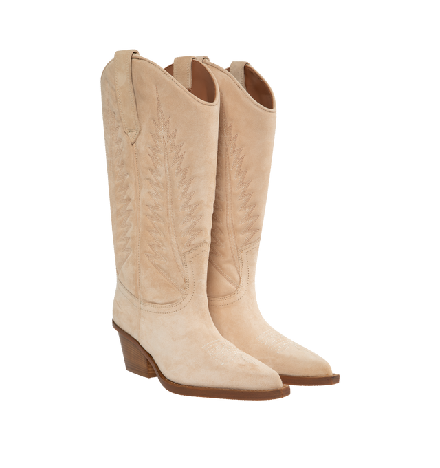 Image 2 of 4 - NEUTRAL - PARIS TEXAS Rosario Suede Cowboy Boots featuring tall suede cowboy boot, stitch detailing, block heel, almond toe, pull-on style, pull-tabs at curved collar and leather outsole. 60MM. Lining: Goat leather. Made in Italy. 