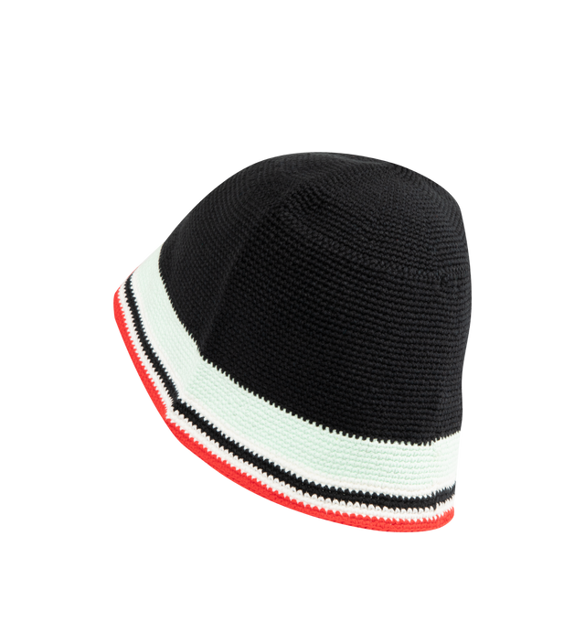 Image 2 of 2 - BLACK - CASABLANCA Stripe Crochet Hat featuring a bucket-style design, soft textured open weave crochet cotton fabric, striped brim, and a Casablanca diamond monogram applique at its centre. 100% cotton.
