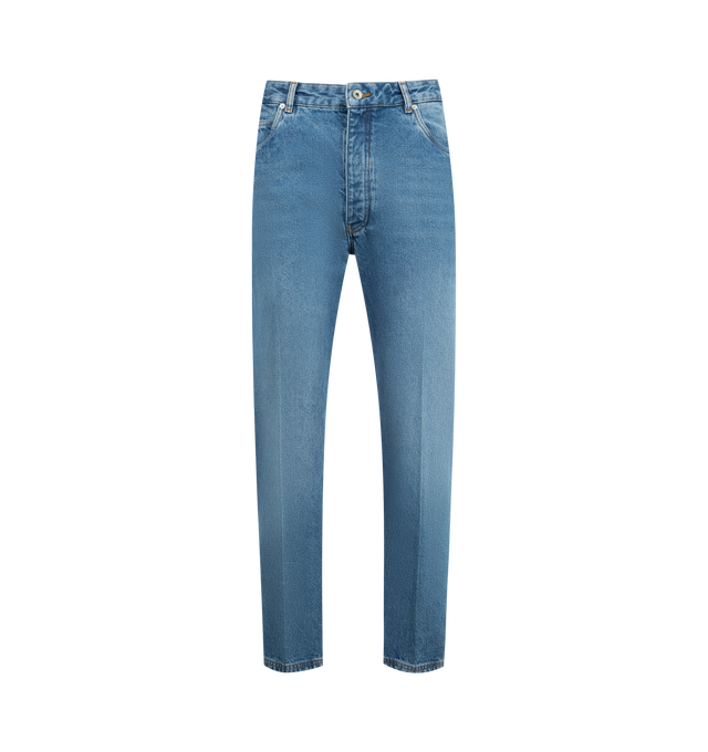 Image 1 of 3 - BLUE - STUDIO NICHOLSON Creased Cowboy Jean featuring button fly, classic five pockets, front and back pressed creases, rear leather logo patch and regular fit. 100% cotton.
