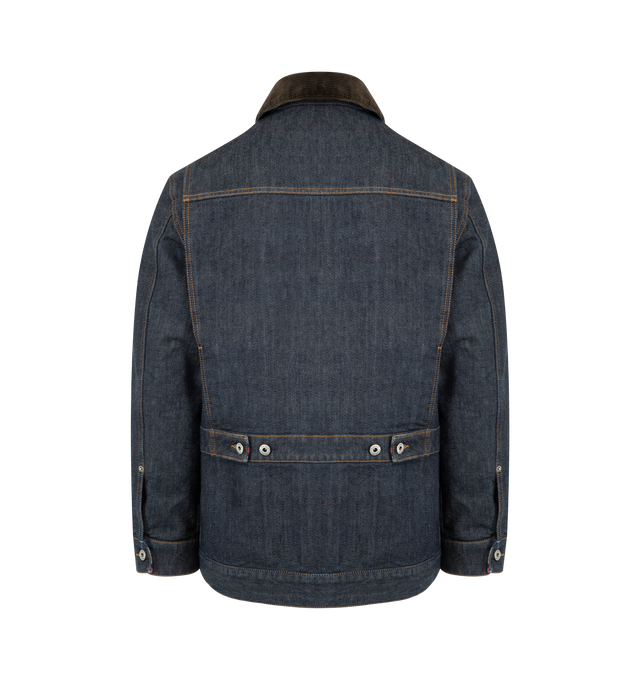 Image 2 of 3 - BLUE - LOEWE Jacket in medium-weight double face cotton denim featuring a corduroy collar, a striped brushed cotton lining, relaxed fit, regular length, button front fastening, buttoned cuffs, chest patch pocket, patch pockets, inside Anagram leather patch pocket, adjustable waist tabs and LOEWE Anagram embossed leather patch placed on the chest pocket. Cotton. Made in Italy.