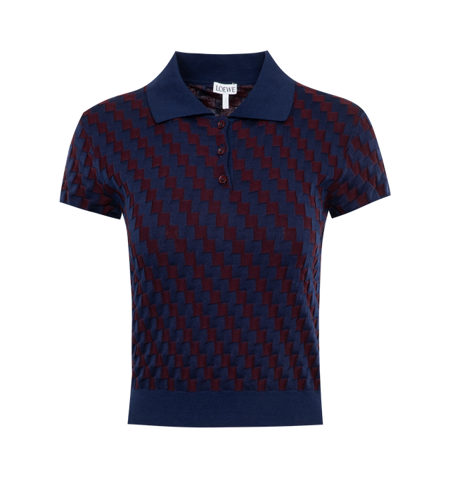 Image 1 of 2 - NAVY - Loewe sweater crafted in lightweight 3D cotton jacquard featuring two-tone 3D effect cotton knit in a small fit, short length with polo collar, ribbed collar, cuffs and hem. Made in Italy. 