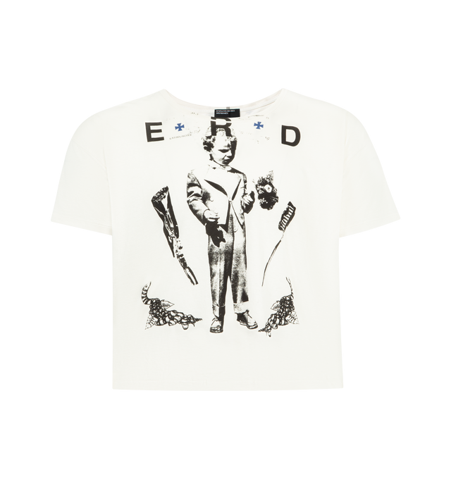 Image 1 of 2 - WHITE - ENFANTS RICHES DEPRIMES Katholisches Toothbrush T-Shirt featuring paper-thin cotton jersey in a boxy, oversized fit, a rib-knit neckline, single-stitched hems at the waist and cuffs, and printed artwork at the front and back. 100% cotton.