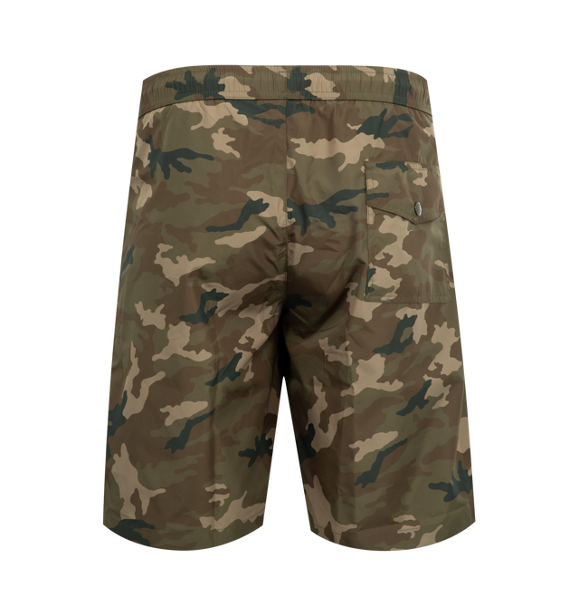 Image 2 of 3 - GREEN - MONCLER Swim Trunks featuring mesh lining, elastic waistband with drawstring fastening, side pockets, back pockets with snap button closure, striped trim along the legs and logo patch. 100% polyester.