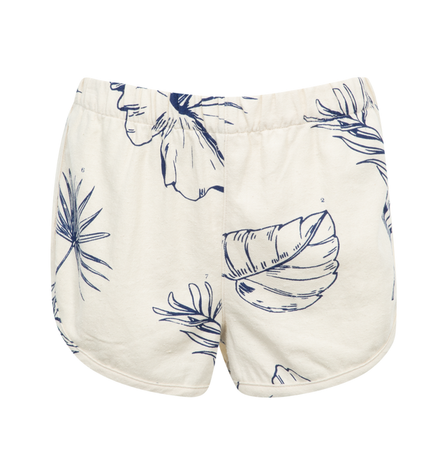 Image 1 of 2 - WHITE - THE ELDER STATESMAN Botanic Sprinter Shorts featuring all over floral screen print, pull on style, elastic waist and curved hem. 55% cotton, 45% silk.  